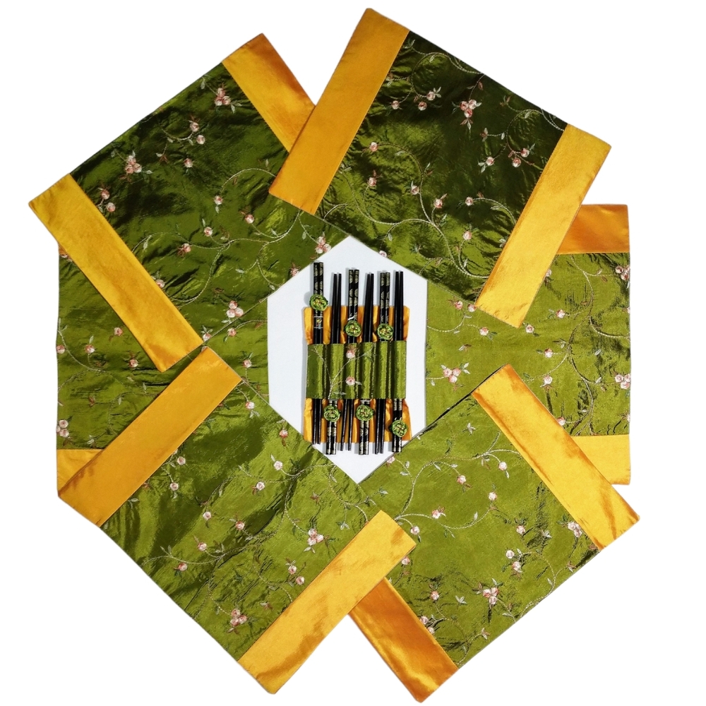 NWT Embroidered Silky Organza Placemat Set Of 6 + Chopsticks Green GoldenYellow